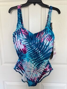 Roxanne Women's Aqua Palm Chlorine Resistant Square Neck One Piece Swimsuit.